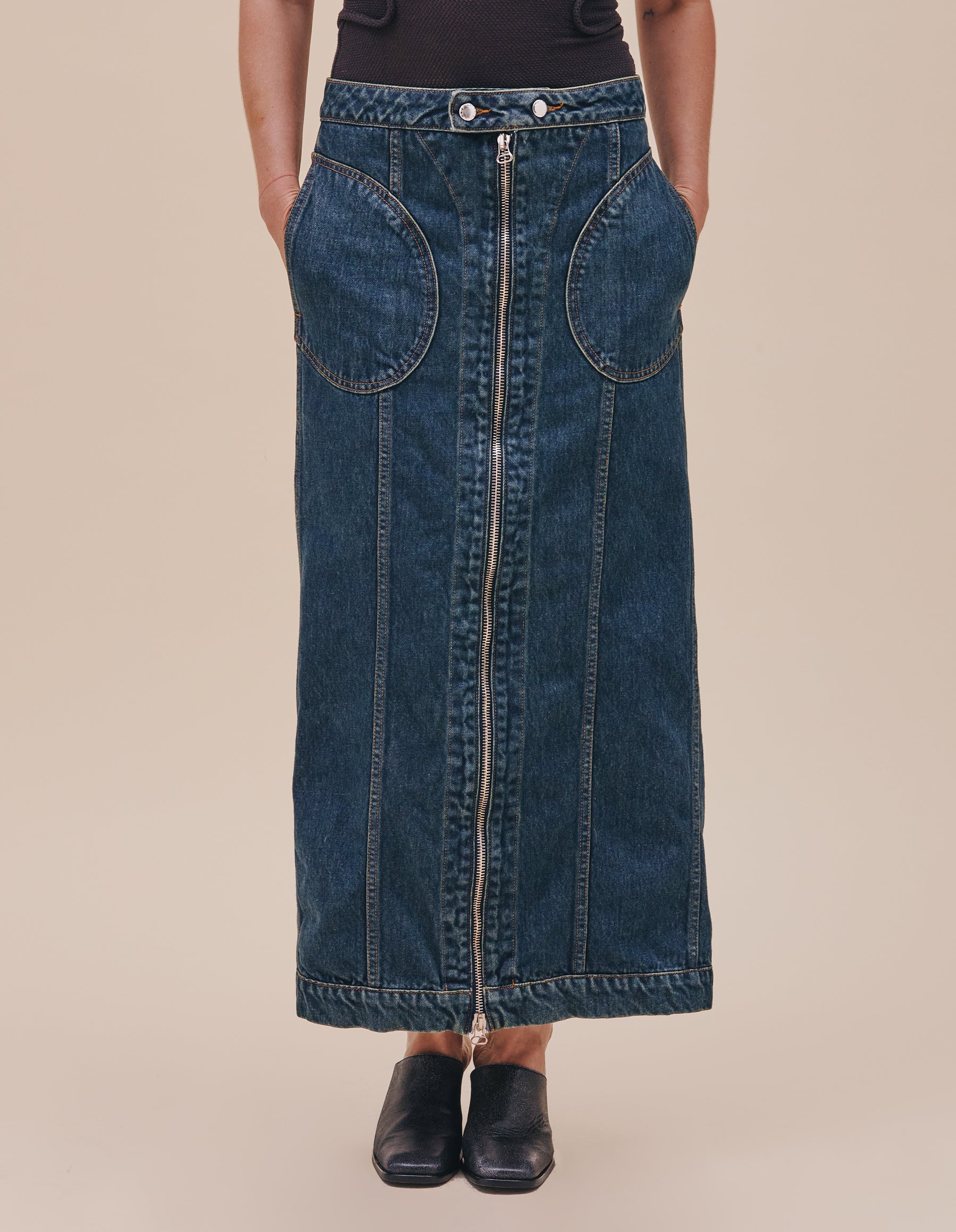 Miss Selfridge asymmetric zip denim maxi skirt in washed black | ASOS